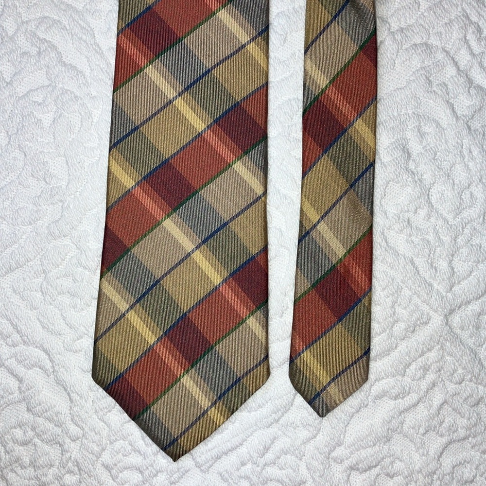 Cacharel Paris vintage woven Italian silk tie, large plaid, pink, yellow, taupe